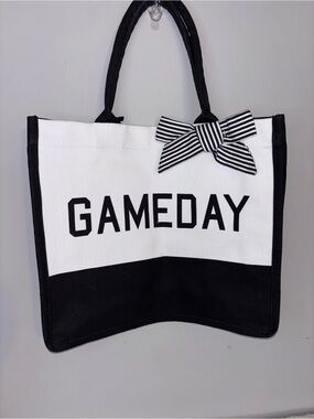 NWT! Game Day" canvas tote bag bold black-and-white colorblock striped bow